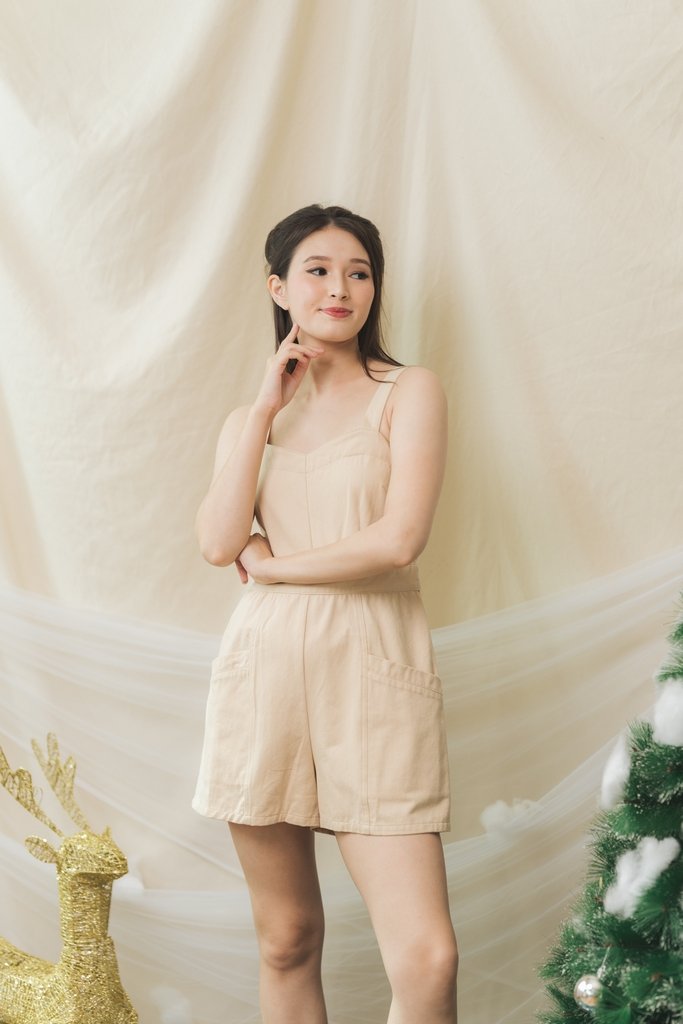 Amandine Denim Pocket Romper in Cream