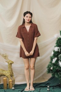 Thara Button Down Romper in Brown (S)