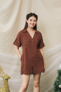Thara Button Down Romper in Brown (S)