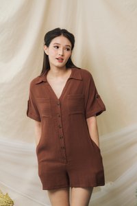 Thara Button Down Romper in Brown (S)