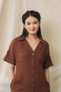 Thara Button Down Romper in Brown (S)