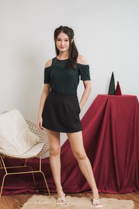 Mila Knit Eyelet Cold Shoulder Top in Emerald (XS)