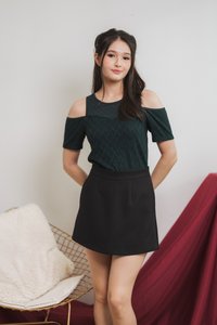 Mila Knit Eyelet Cold Shoulder Top in Emerald (XS)