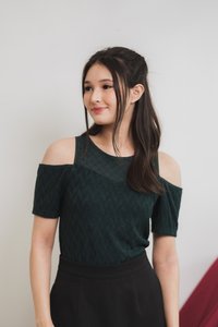Mila Knit Eyelet Cold Shoulder Top in Emerald (XS)