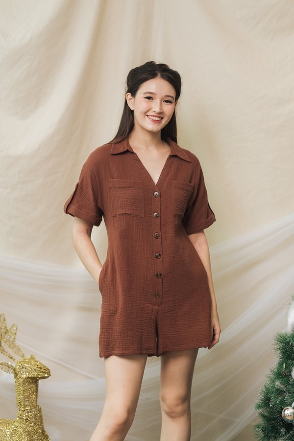 Thara Button Down Romper in Brown (S)