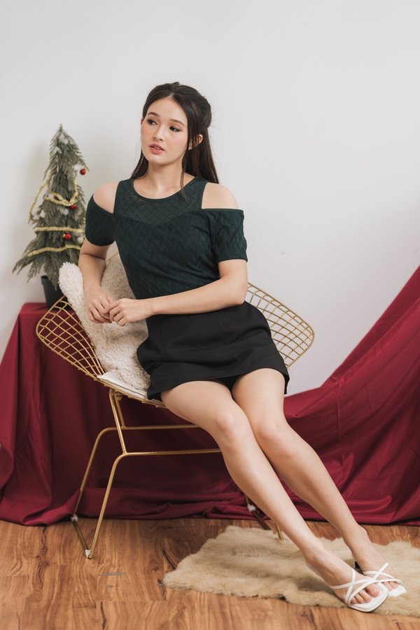 Mila Knit Eyelet Cold Shoulder Top in Emerald (XS)