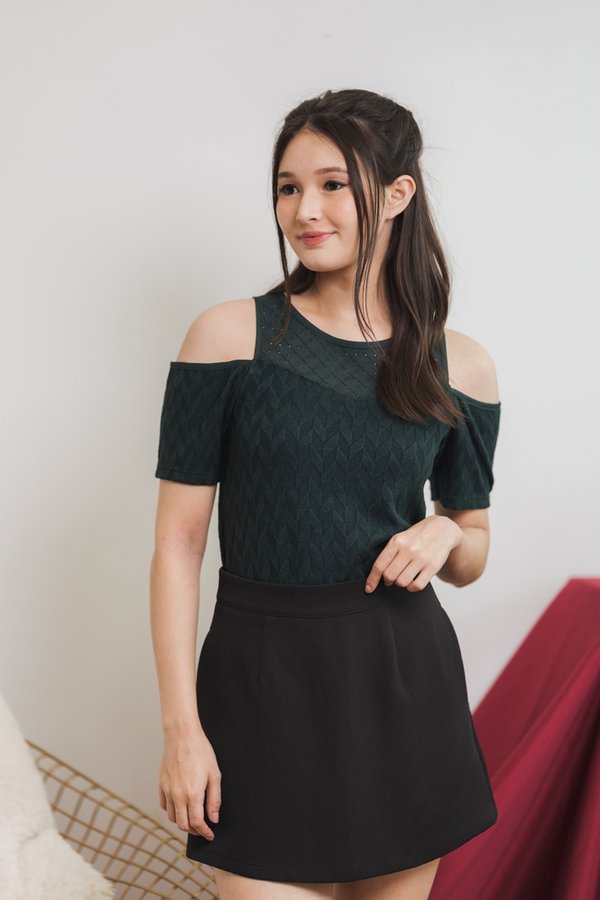 Mila Knit Eyelet Cold Shoulder Top in Emerald (XS)