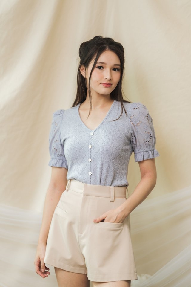Elania Knit Eyelet Sleeve Top in Blue