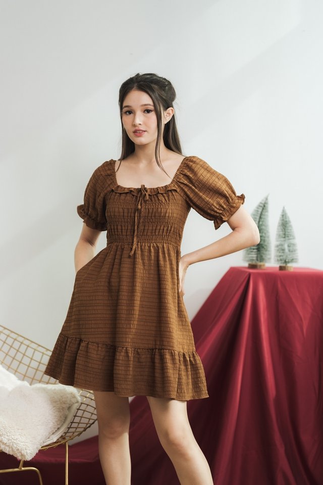 Fayre Textured Ribbon Dropwaist Dress in Brown