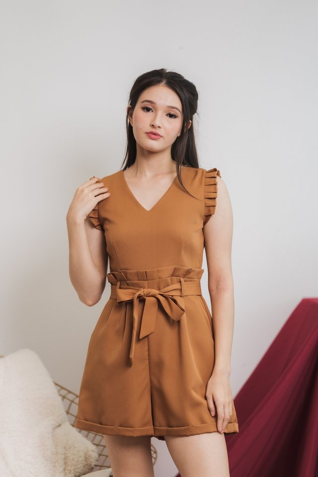 Nadine Paperbag Romper in Brown