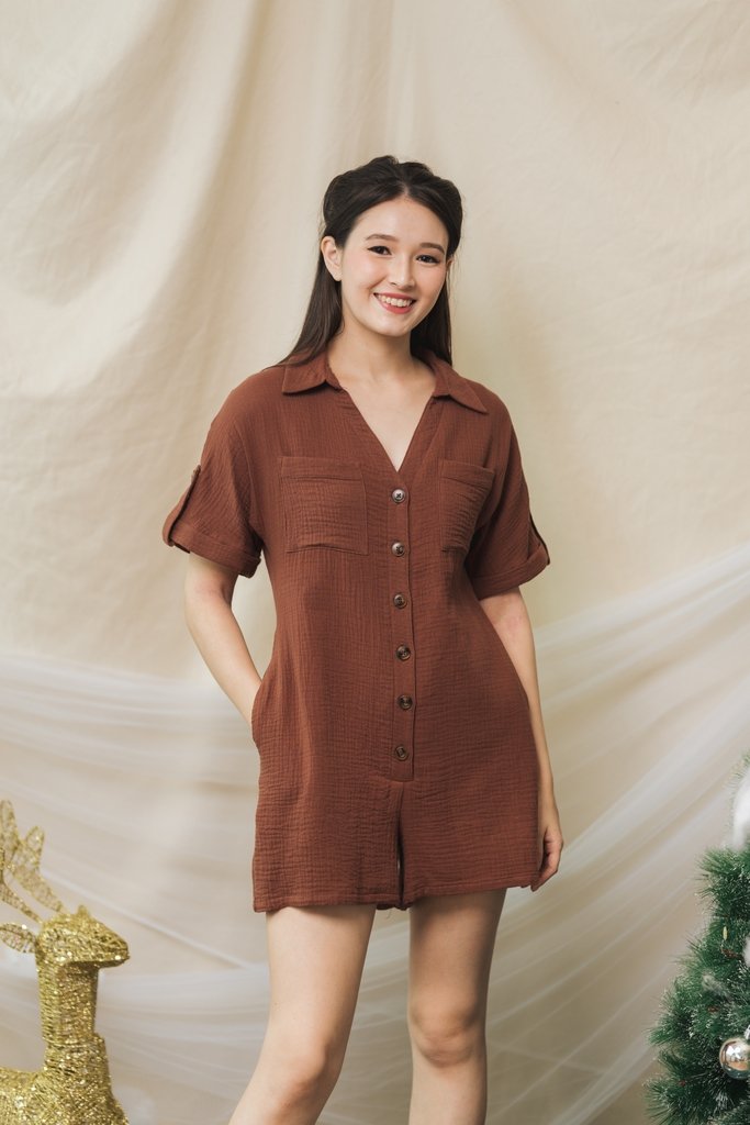Thara Button Down Romper in Brown (S)