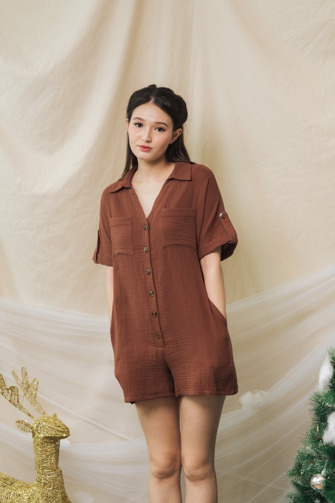 Thara Button Down Romper in Brown (S)