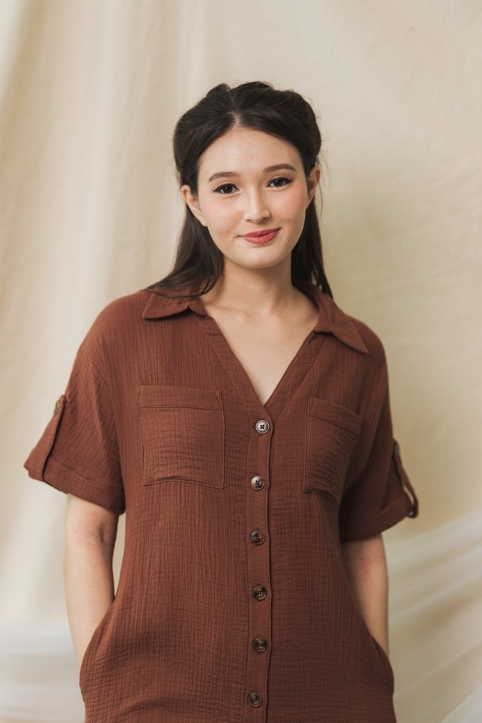 Thara Button Down Romper in Brown (S)