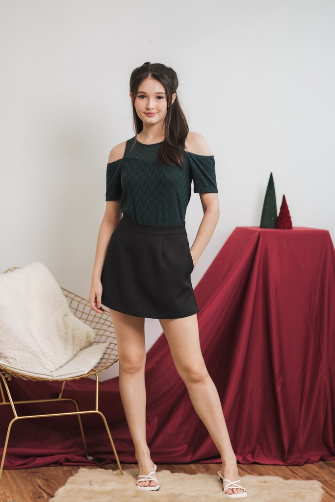 Mila Knit Eyelet Cold Shoulder Top in Emerald (XS)