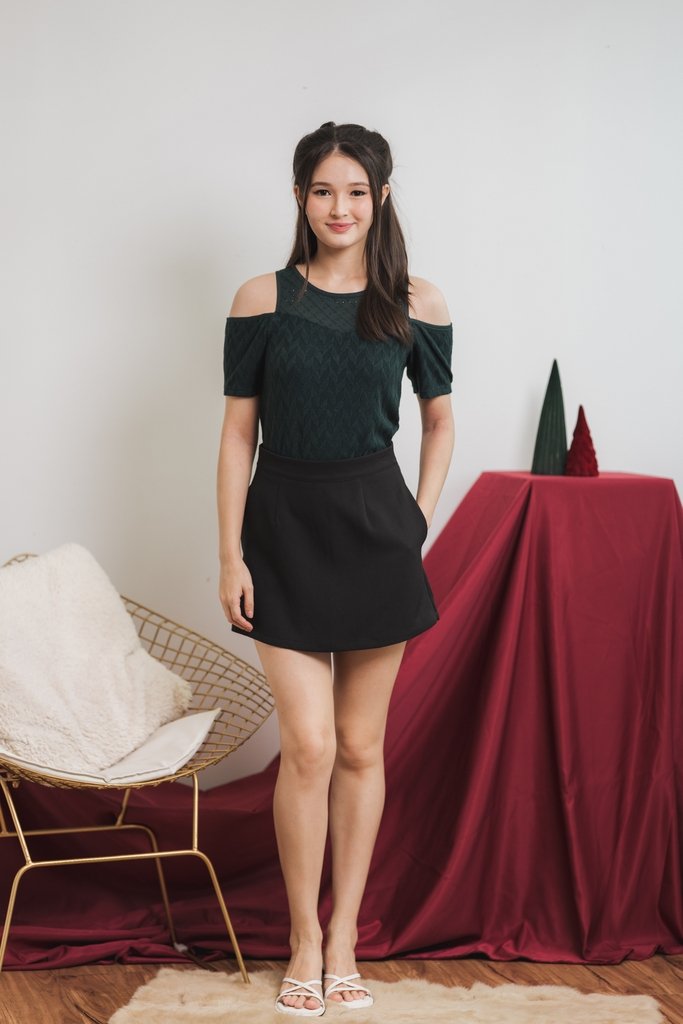 Mila Knit Eyelet Cold Shoulder Top in Emerald (XS)