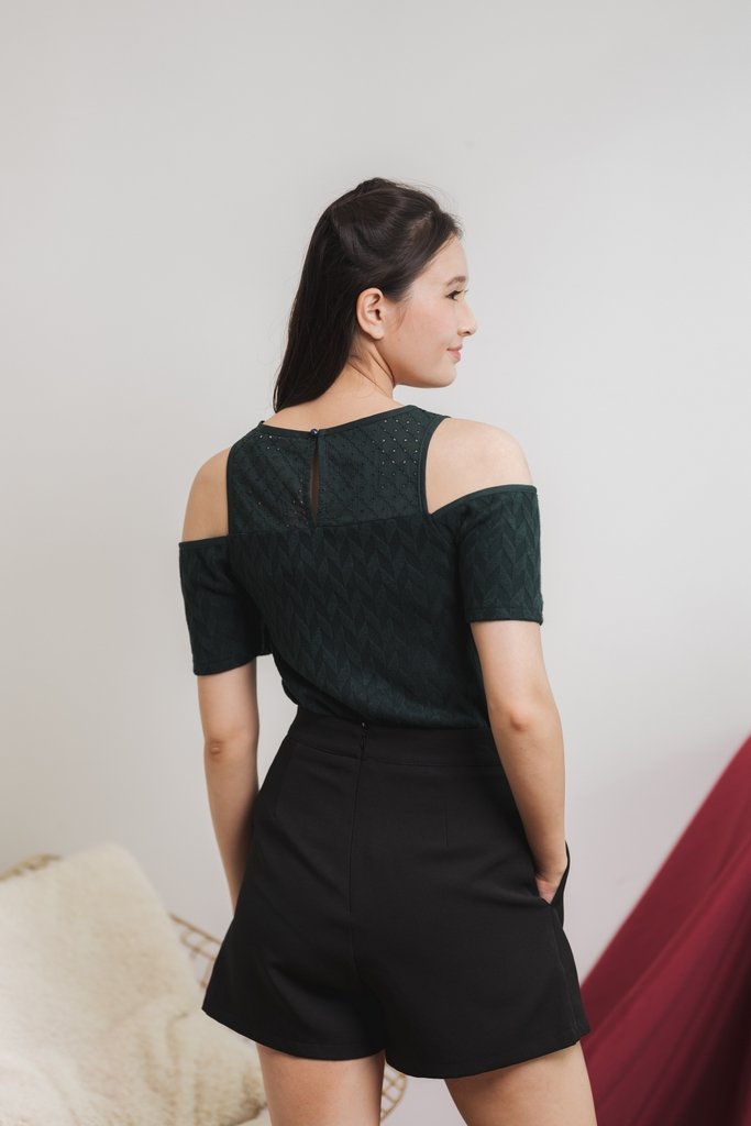 Mila Knit Eyelet Cold Shoulder Top in Emerald (XS)