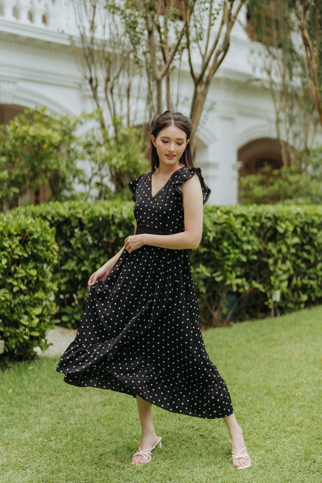 Lovey Ruffled Crochet Maxi Dress in Black (XS)