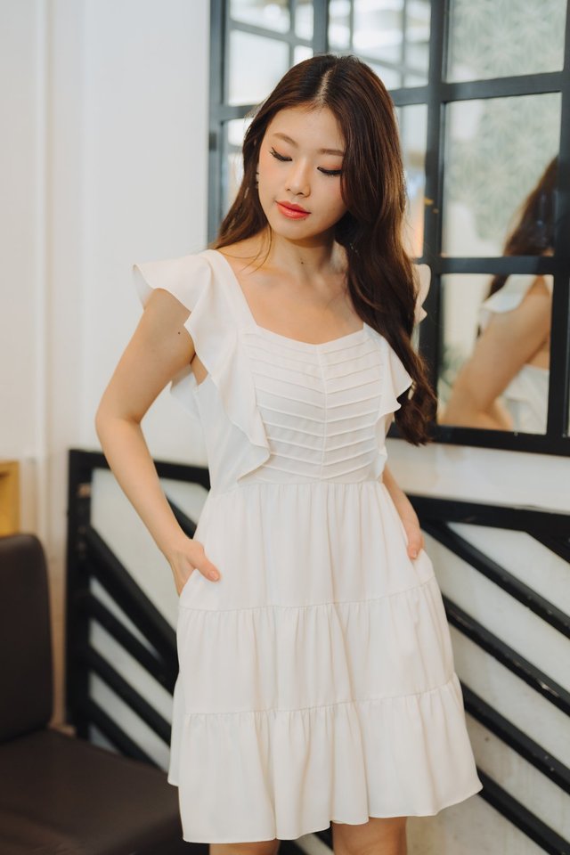 Aubrielle Pleated Ruffles Dress in White