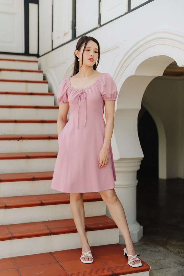 Aria Puff Sleeve Cotton Dress in Pink