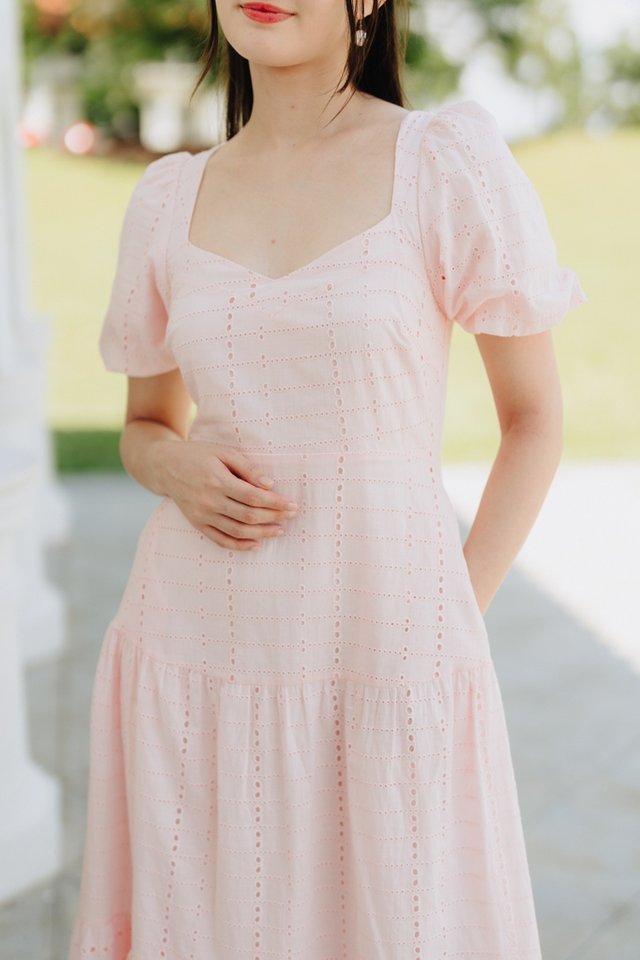 Nat Eyelet Tiered Maxi Dress in Baby Pink