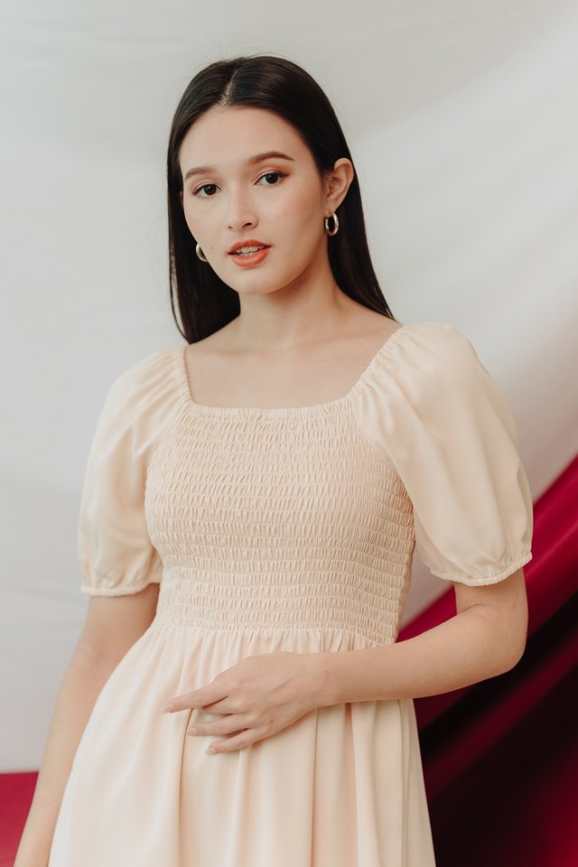 Adora Smocked Drop Waist Dress in Cream (XL)