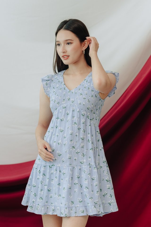 Audrey Floral Smocked Dress in Blue