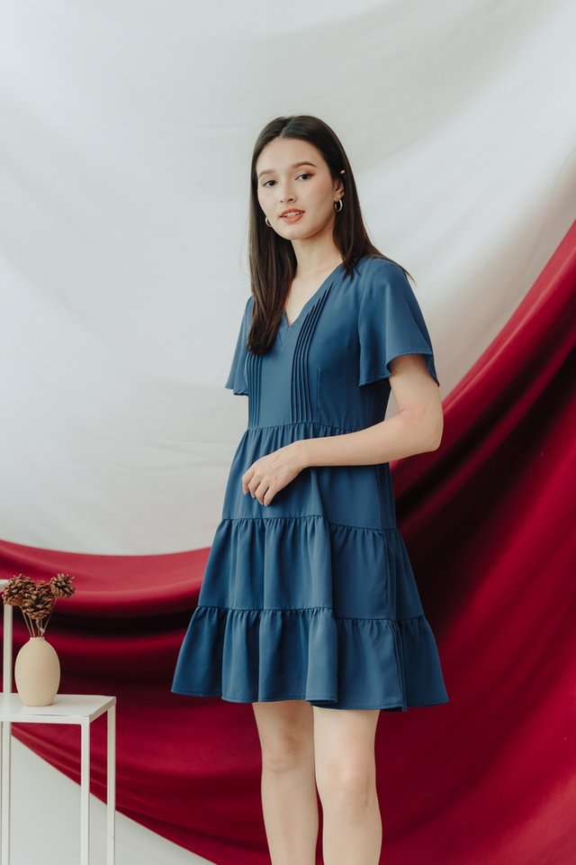 Anaya Pintucked Tiered Dress in Teal (XS)