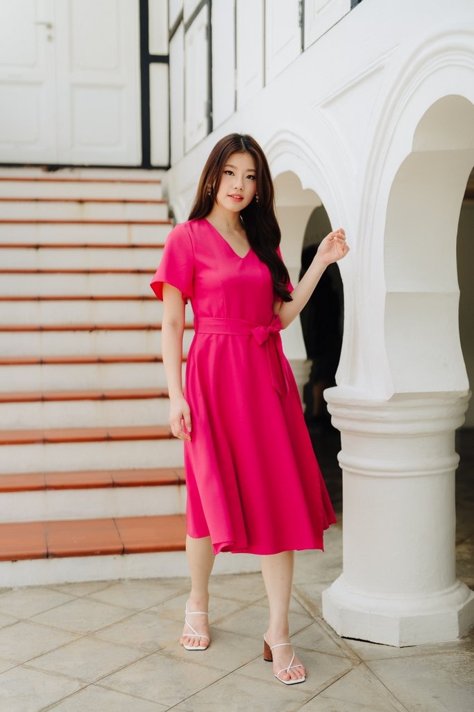 Esmae Fit & Flare Midi Dress in Hot Pink (XS)