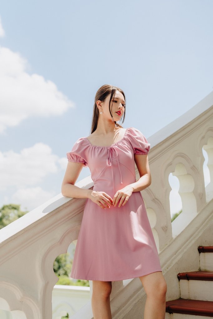 Aria Puff Sleeve Cotton Dress in Pink