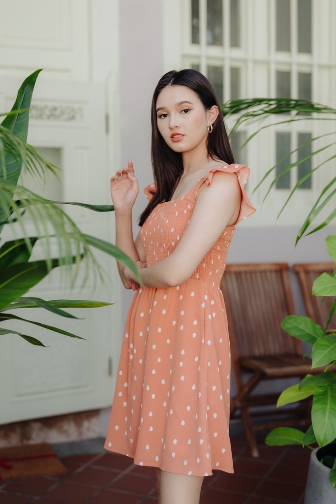 Alexis Rain Drops Smocked Dress in Peach(L)
