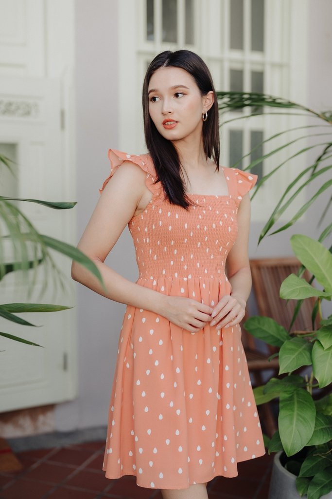 Alexis Rain Drops Smocked Dress in Peach(L)