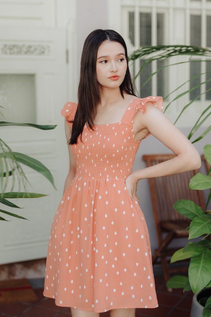 Alexis Rain Drops Smocked Dress in Peach(L)