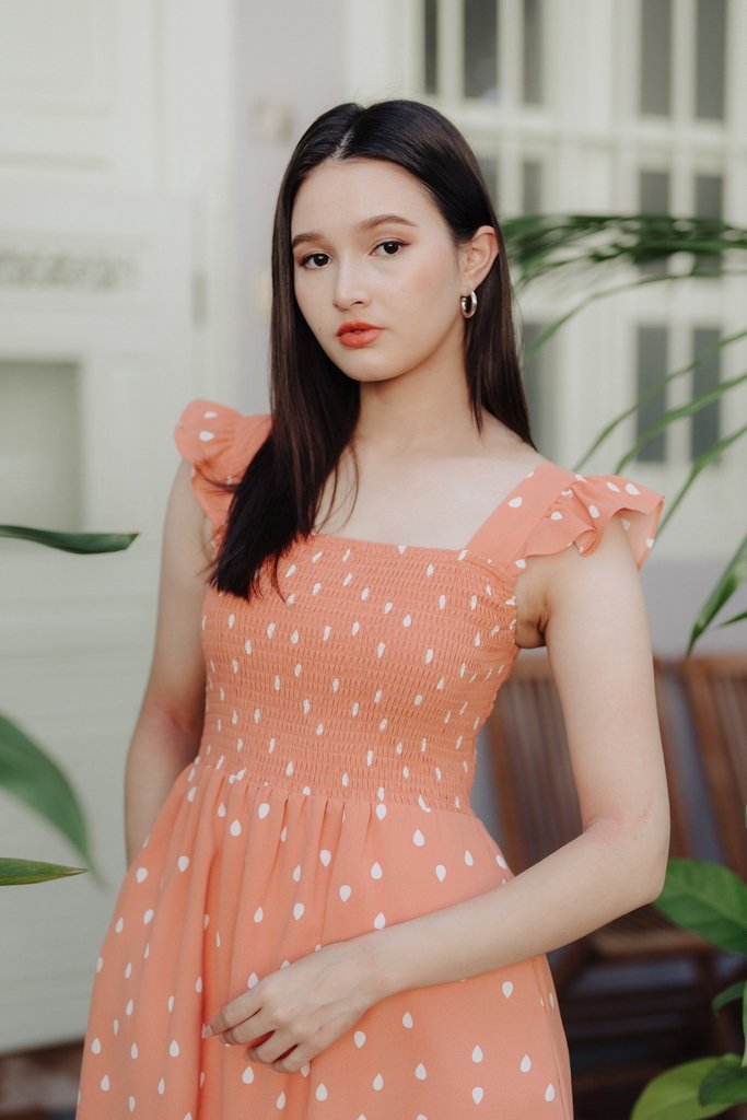 Alexis Rain Drops Smocked Dress in Peach(L)