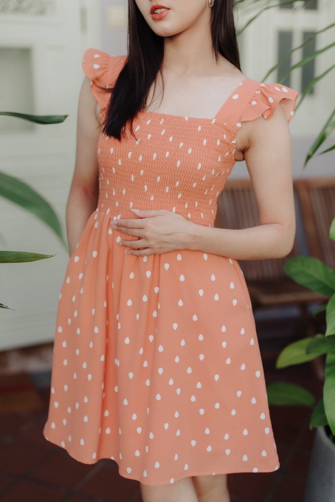 Alexis Rain Drops Smocked Dress in Peach(L)