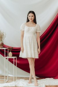 Lacey Lace Smocked Dress in White (XS)