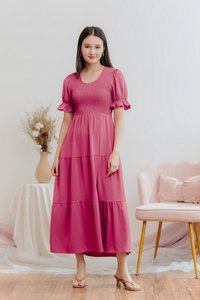 Tarina Smocked Tiered Maxi Dress in Rose Pink (XS)