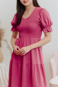 Tarina Smocked Tiered Maxi Dress in Rose Pink (XS)