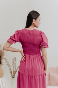 Tarina Smocked Tiered Maxi Dress in Rose Pink (XS)