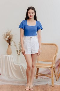 Janelia Ribbed Puffed Sleeves Top in Cobalt Blue (XS)