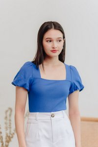 Janelia Ribbed Puffed Sleeves Top in Cobalt Blue (XS)