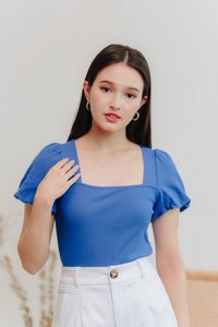 Janelia Ribbed Puffed Sleeves Top in Cobalt Blue (XS)