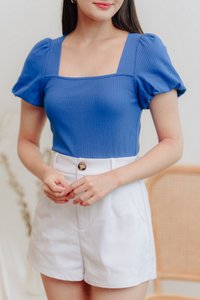 Janelia Ribbed Puffed Sleeves Top in Cobalt Blue (XS)