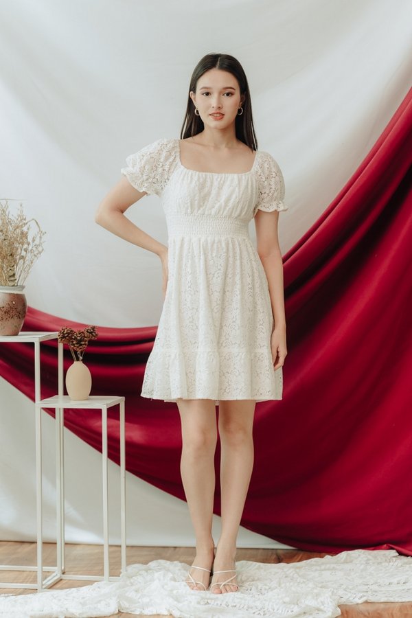 Lacey Lace Smocked Dress in White (XS)