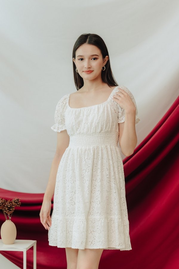 Lacey Lace Smocked Dress in White (XS)