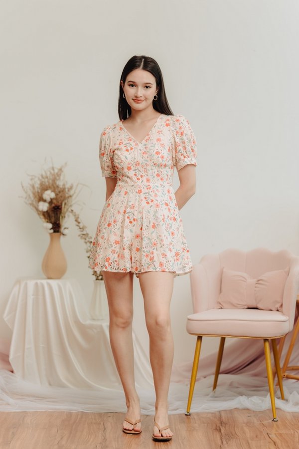 Godet Floral Eyelet Romper in Cream (XS)