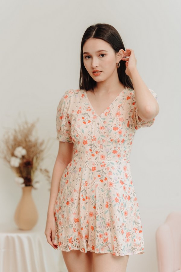 Godet Floral Eyelet Romper in Cream (XS)