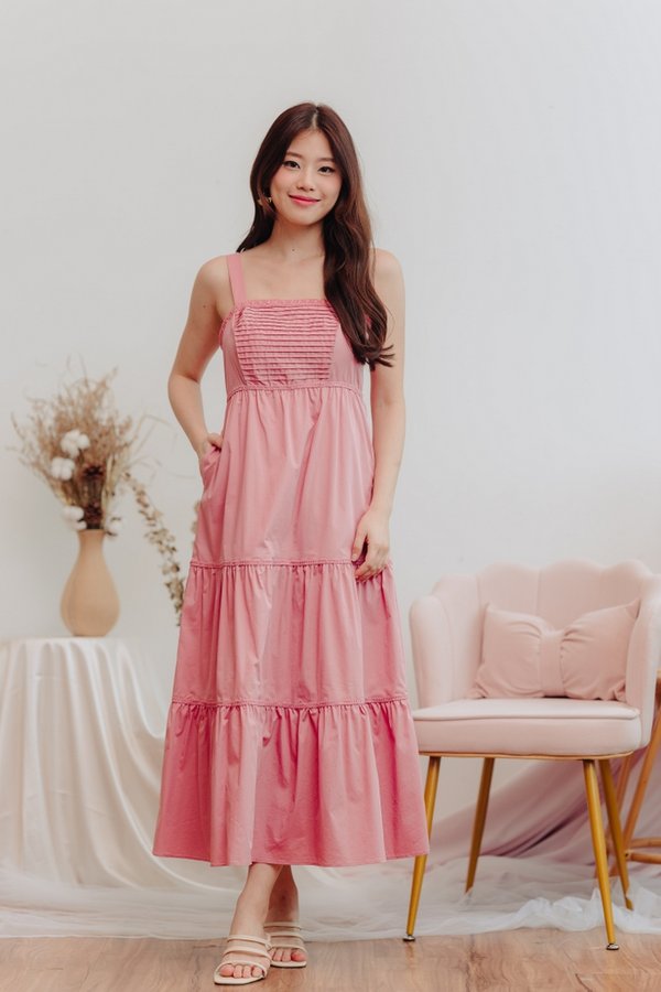 Cecca Pleated Tiered Maxi Dress in Rose Pink (XS)