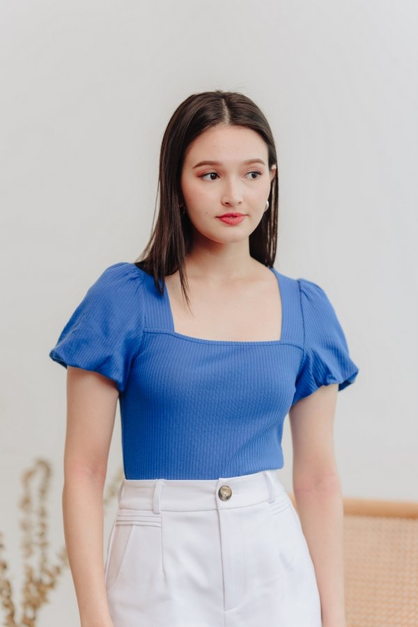 Janelia Ribbed Puffed Sleeves Top in Cobalt Blue (XS)
