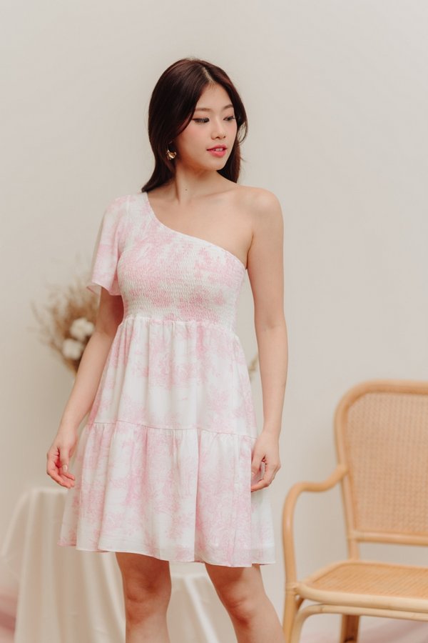 Clyde Smocked Printed One Shoulder Dress in Pink
