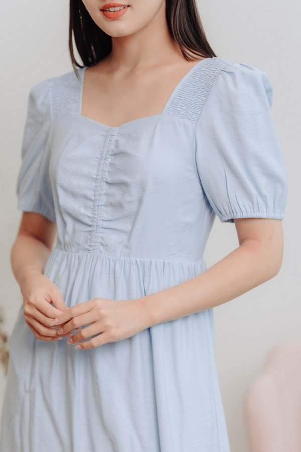 Mayla Ruched Maxi Dress in Powder Blue (XS)